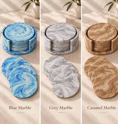 Custom Logo Coaster Set with Holder | Engraved Marble Coasters | Corporate Gifts | Branded Business Stone Coasters