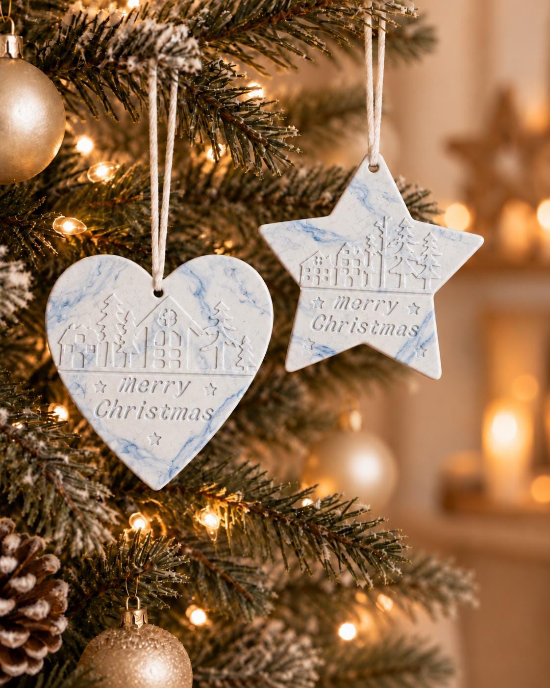 Merry Christmas Tree Ornament | Handmade Christmas Decoration | Heart or Star Hanging Bauble | Festive Village Ornament