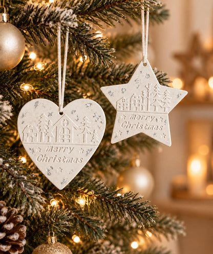 Merry Christmas Tree Ornament | Handmade Christmas Decoration | Heart or Star Hanging Bauble | Festive Village Ornament