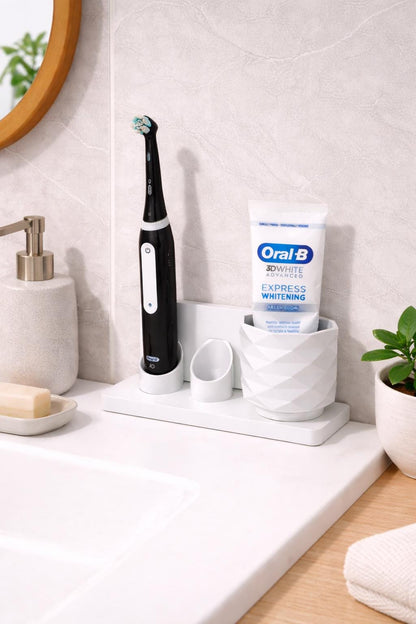 Electric Toothbrush Holder Stand with Toothpaste Cup - Modern Bathroom Counter Organizer, Minimalist Sink Storage