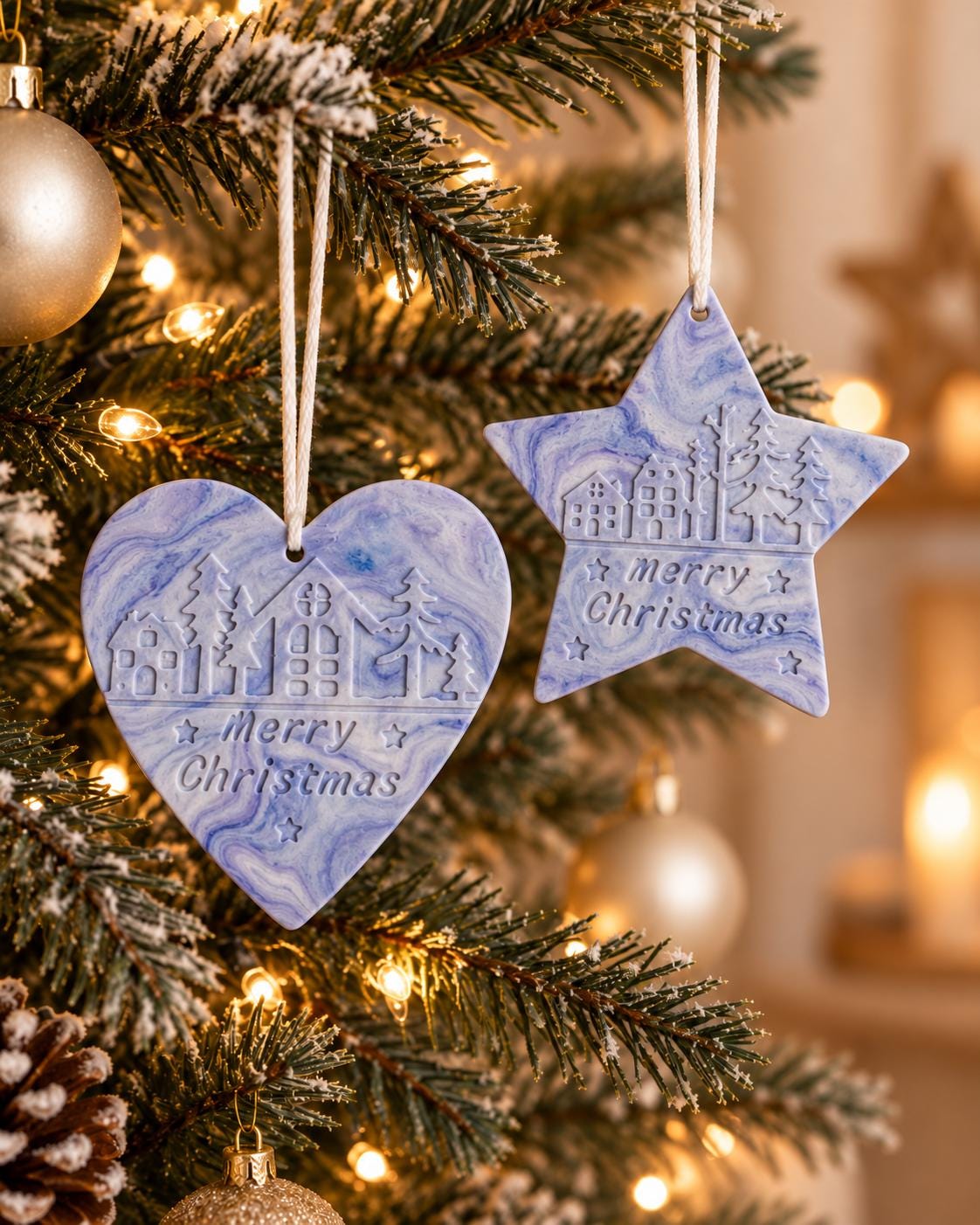 Merry Christmas Tree Ornament | Handmade Christmas Decoration | Heart or Star Hanging Bauble | Festive Village Ornament