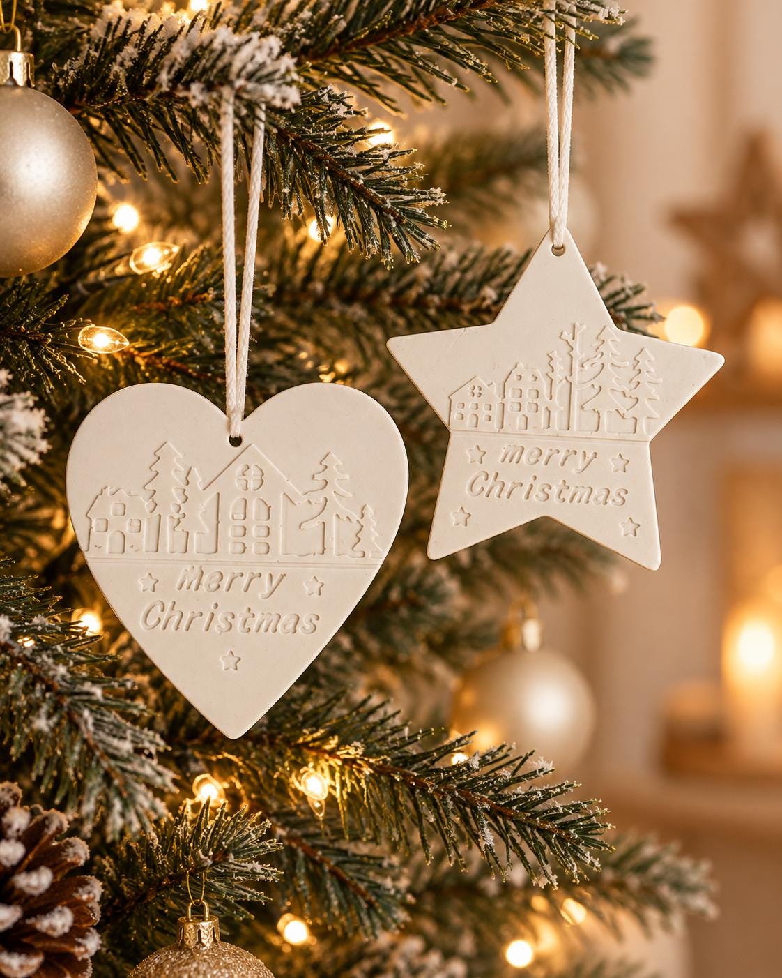 Merry Christmas Tree Ornament | Handmade Christmas Decoration | Heart or Star Hanging Bauble | Festive Village Ornament