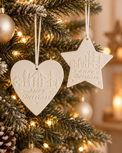 Merry Christmas Tree Ornament | Handmade Christmas Decoration | Heart or Star Hanging Bauble | Festive Village Ornament