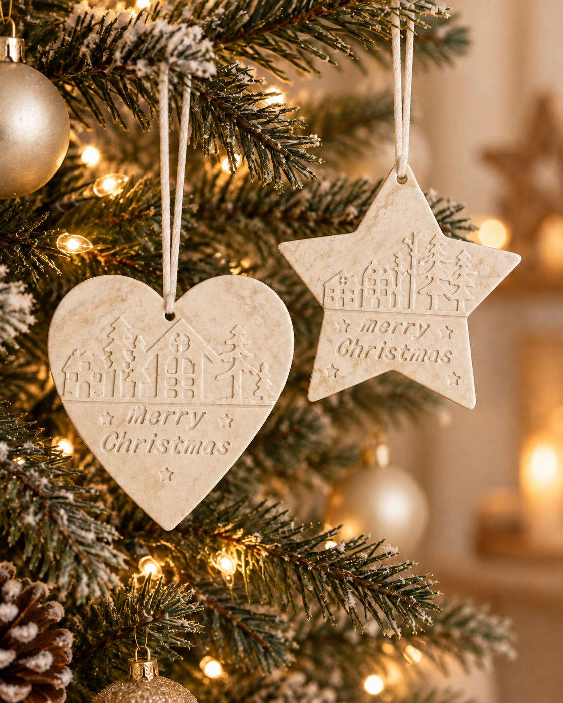 Merry Christmas Tree Ornament | Handmade Christmas Decoration | Heart or Star Hanging Bauble | Festive Village Ornament