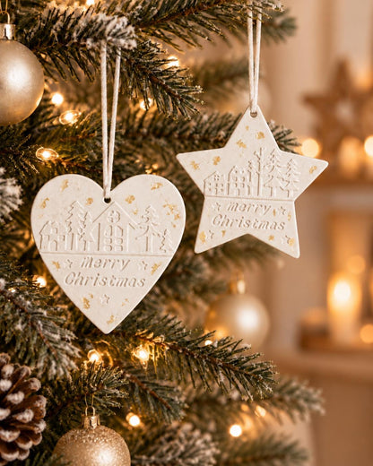 Merry Christmas Tree Ornament | Handmade Christmas Decoration | Heart or Star Hanging Bauble | Festive Village Ornament