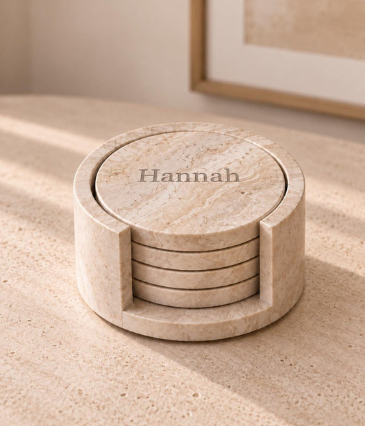 Personalised Marble Coasters Set with Holder | Engraved  Stone Coasters | Custom Name | Housewarming Family Gift
