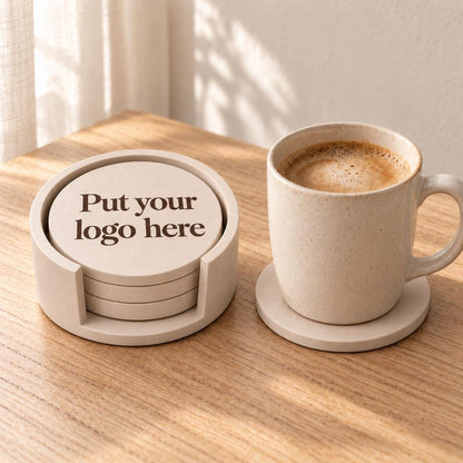 Custom Logo Coaster Set with Holder | Engraved Marble Coasters | Corporate Gifts | Branded Business Stone Coasters