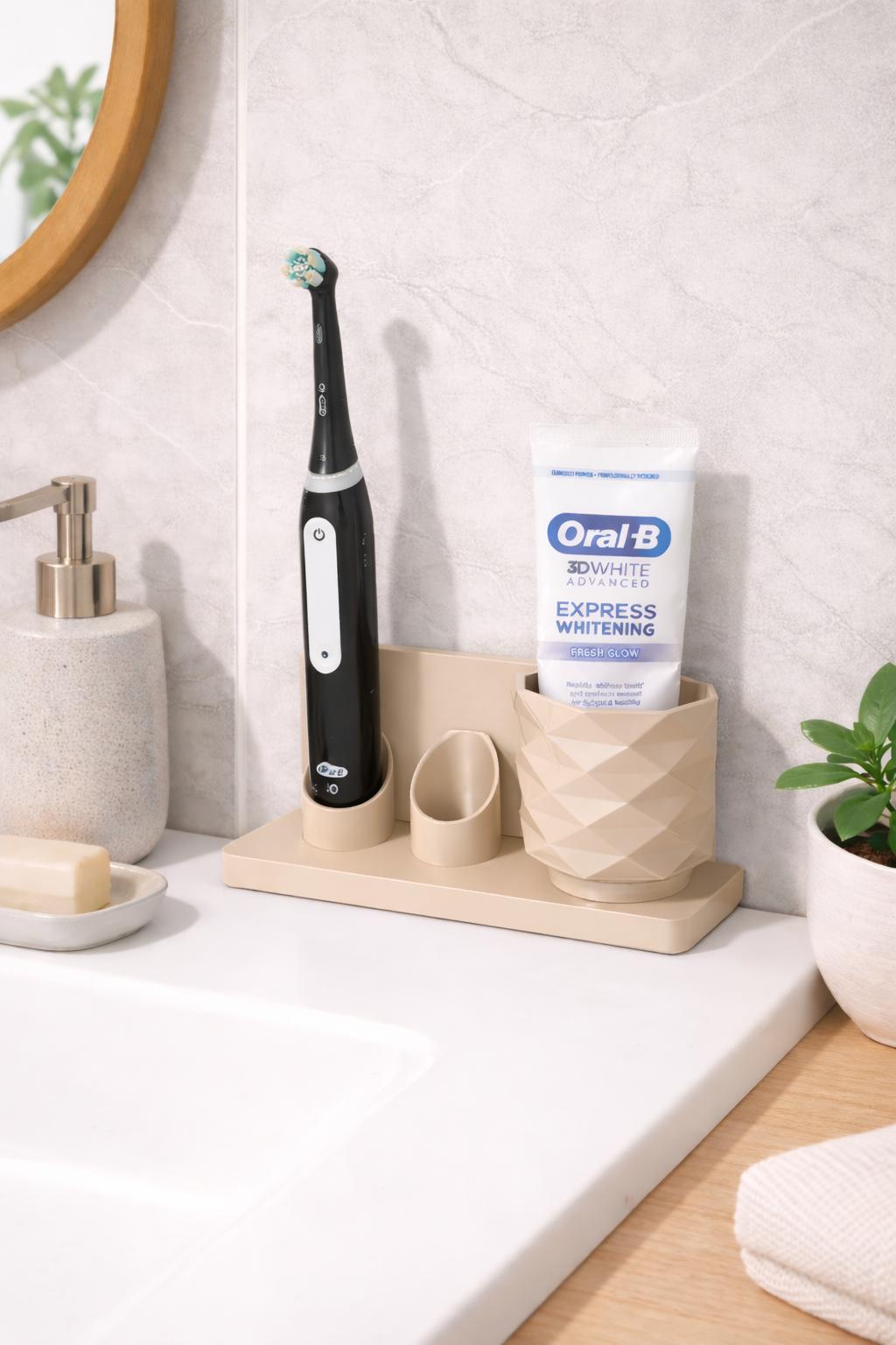 Electric Toothbrush Holder Stand with Toothpaste Cup - Modern Bathroom Counter Organizer, Minimalist Sink Storage