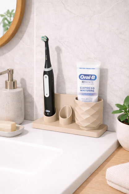 Electric Toothbrush Holder Stand with Toothpaste Cup - Modern Bathroom Counter Organizer, Minimalist Sink Storage