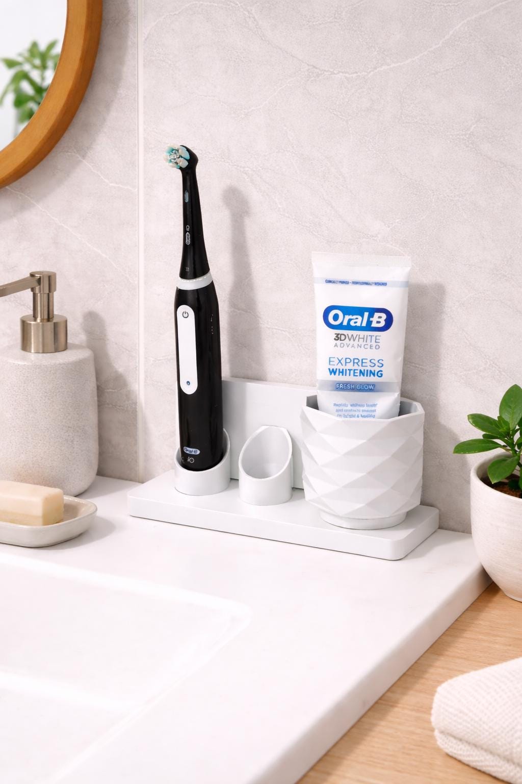 Electric Toothbrush Holder Stand with Toothpaste Cup - Modern Bathroom Counter Organizer, Minimalist Sink Storage