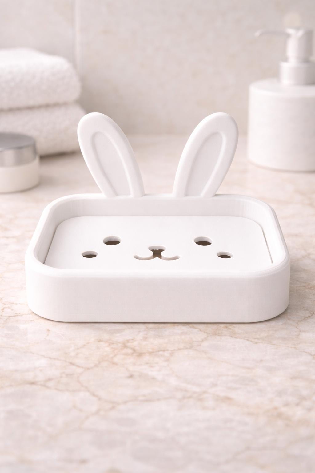 Bunny Soap Dish Holder – Marble Effect Rabbit Soap Dish | Minimalist Bathroom Sink Decor | Cute Modern Soap Tray | 3D Printed | PLA