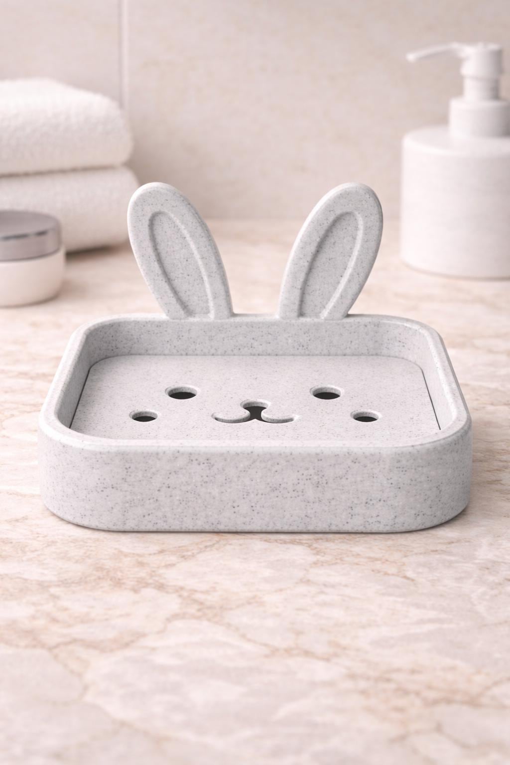 Bunny Soap Dish Holder – Marble Effect Rabbit Soap Dish | Minimalist Bathroom Sink Decor | Cute Modern Soap Tray | 3D Printed | PLA