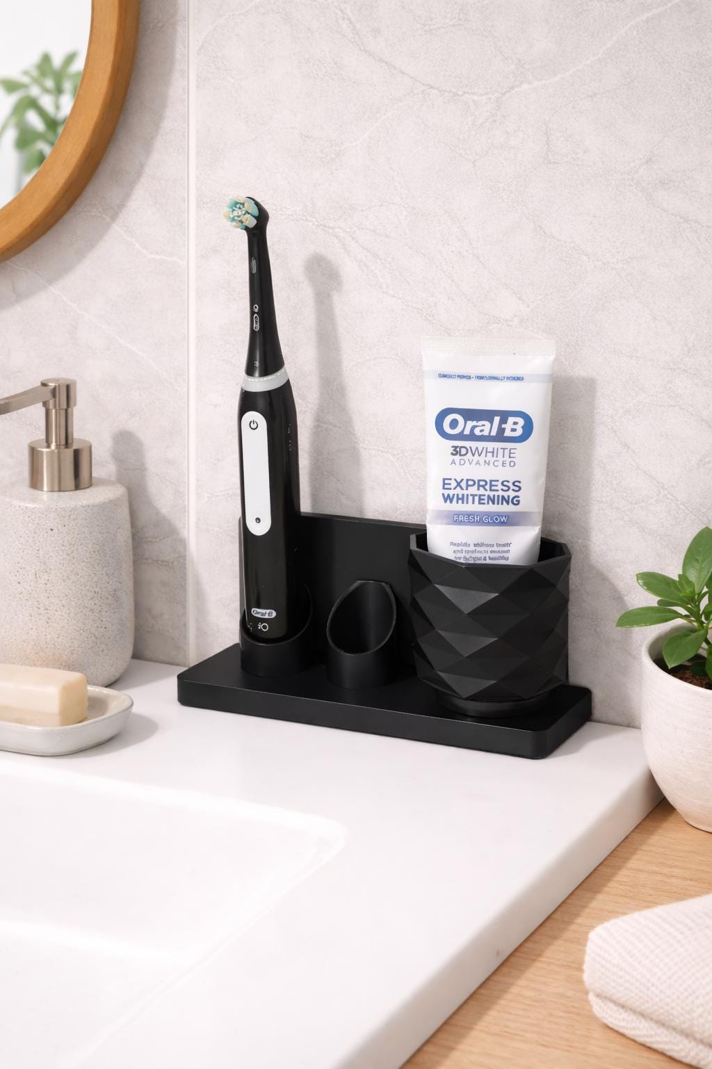 Electric Toothbrush Holder Stand with Toothpaste Cup - Modern Bathroom Counter Organizer, Minimalist Sink Storage