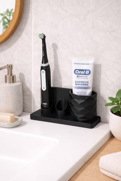 Electric Toothbrush Holder Stand with Toothpaste Cup - Modern Bathroom Counter Organizer, Minimalist Sink Storage