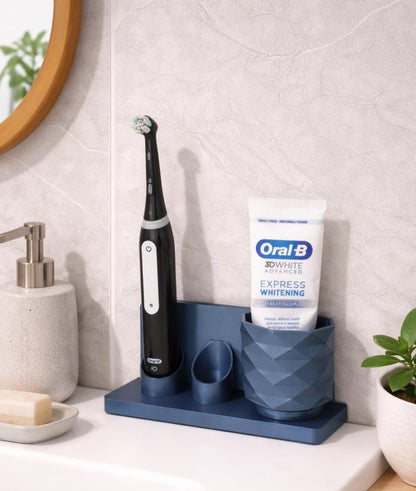 Electric Toothbrush Holder Stand with Toothpaste Cup - Modern Bathroom Counter Organizer, Minimalist Sink Storage