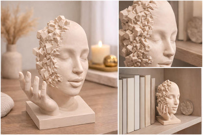 Modern Abstract Face Sculpture | Minimalist Woman Head Statue with Hand | Contemporary Art Decor | Unique Home Accent | Housewarming Gift