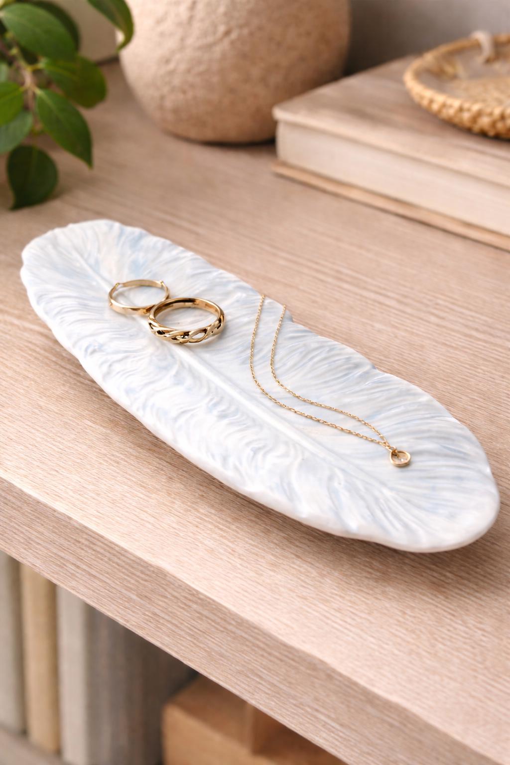 Feather Tray | Handmade Decorative Tray | Marble Effect Catchall Dish | Modern Home Decor