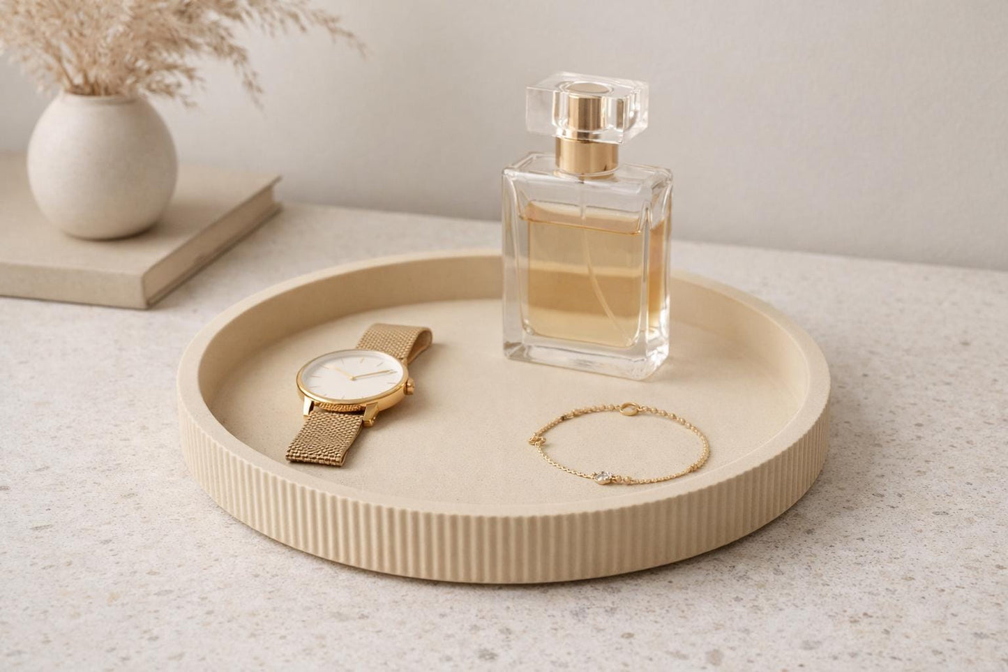 Minimalist Round Tray | Ribbed Catchall Tray | Modern Vanity Tray | Beige Home Decor | Jewellery Dish | Coffee Table Decor