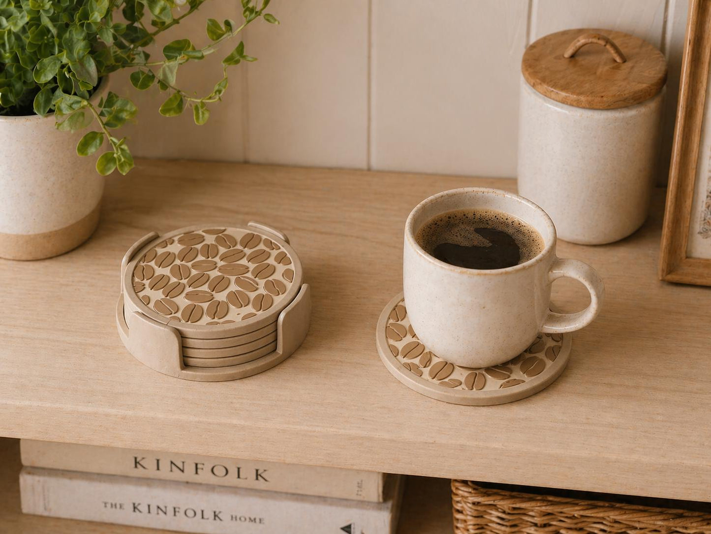 Cappuccino Beige Coffee Bean Coaster Set | Modern Drink Mat | Kitchen Decor | Coffee Lover Gift | Cup Mug Stand