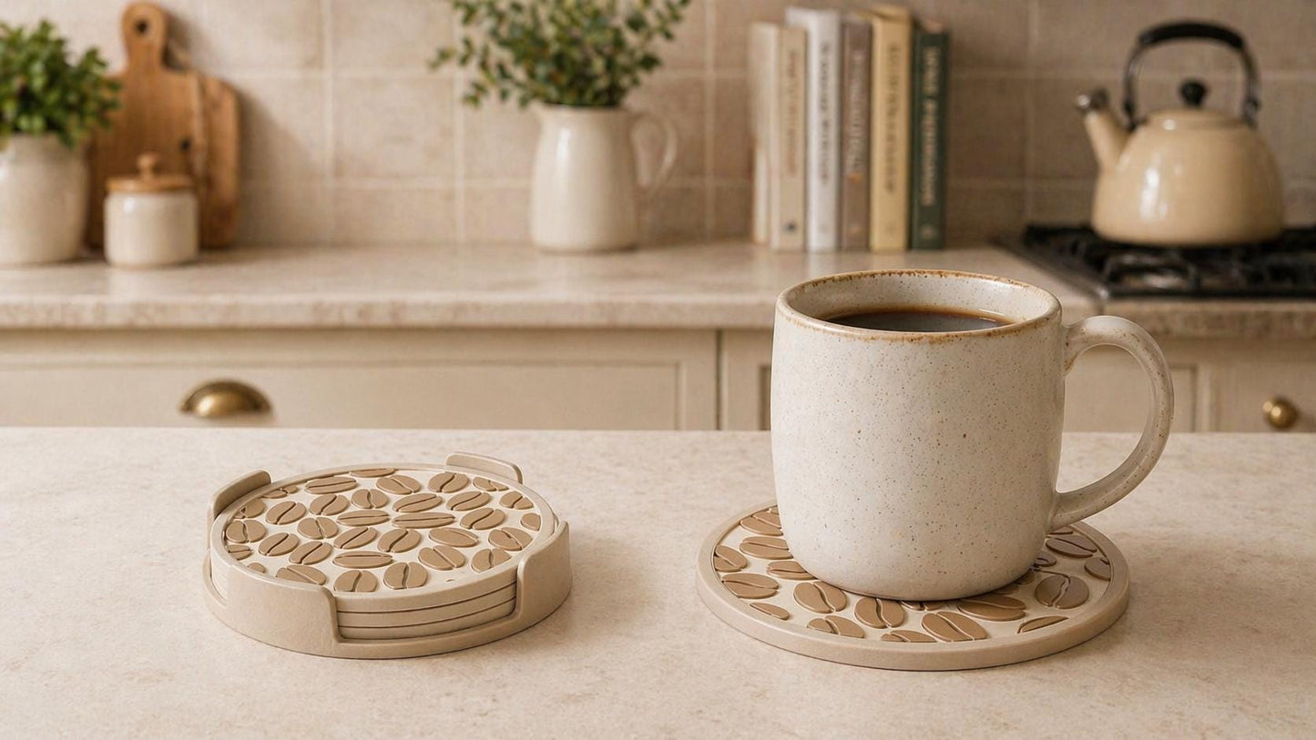 Cappuccino Beige Coffee Bean Coaster Set | Modern Drink Mat | Kitchen Decor | Coffee Lover Gift | Cup Mug Stand