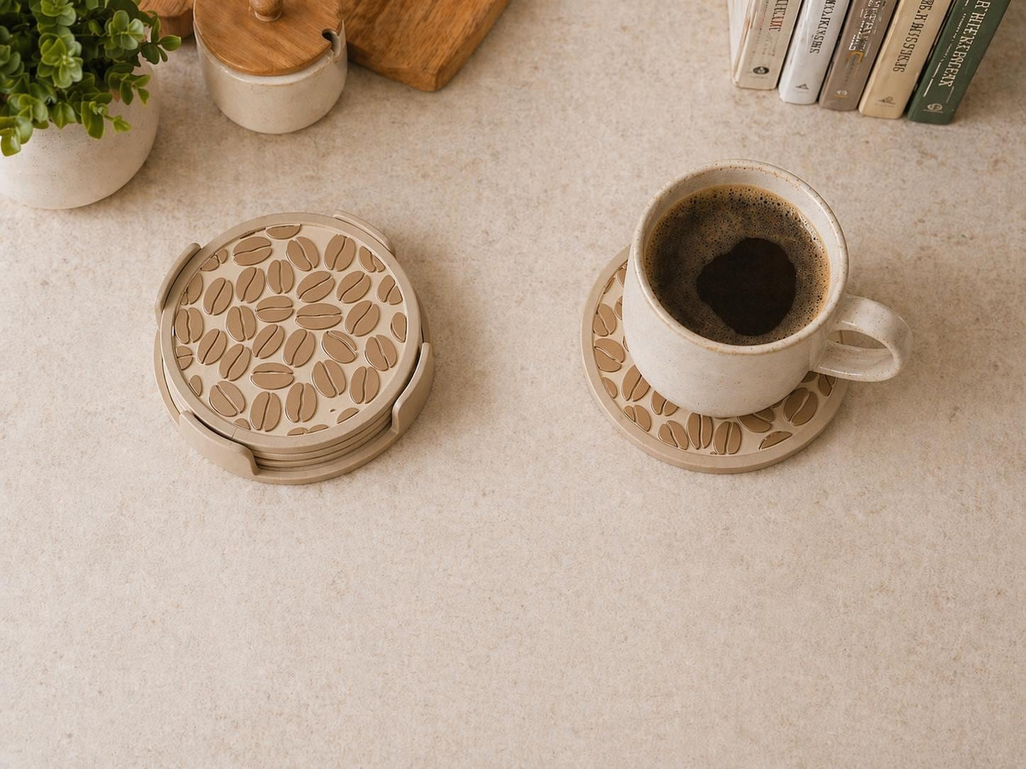 Cappuccino Beige Coffee Bean Coaster Set | Modern Drink Mat | Kitchen Decor | Coffee Lover Gift | Cup Mug Stand