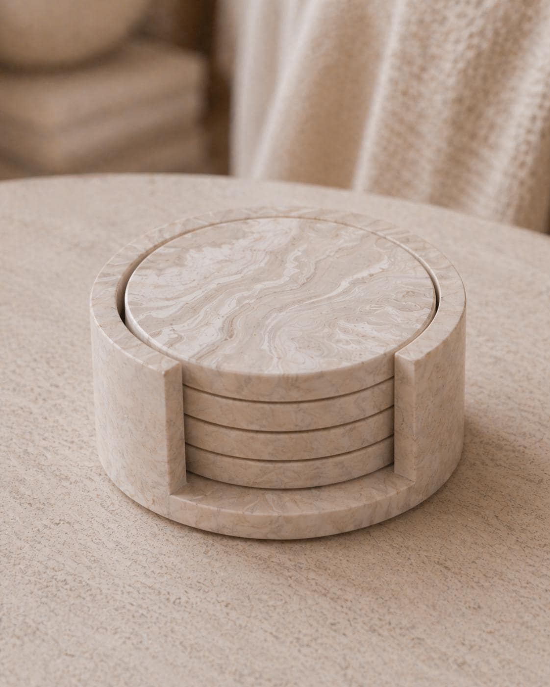 Beige Marble Coaster Set | Round Drink Coasters with Holder | Set of 4 | Handmade