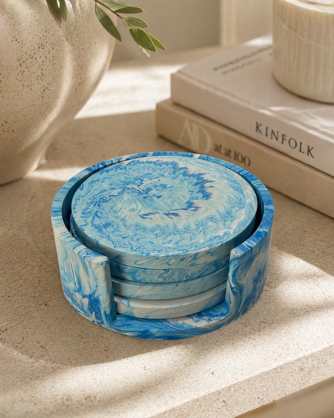 Coaster Set of 4 with Holder | Blue Serene Stone Marble Effect | Handmade Jesmonite Coasters for Modern & Housewarming Gift