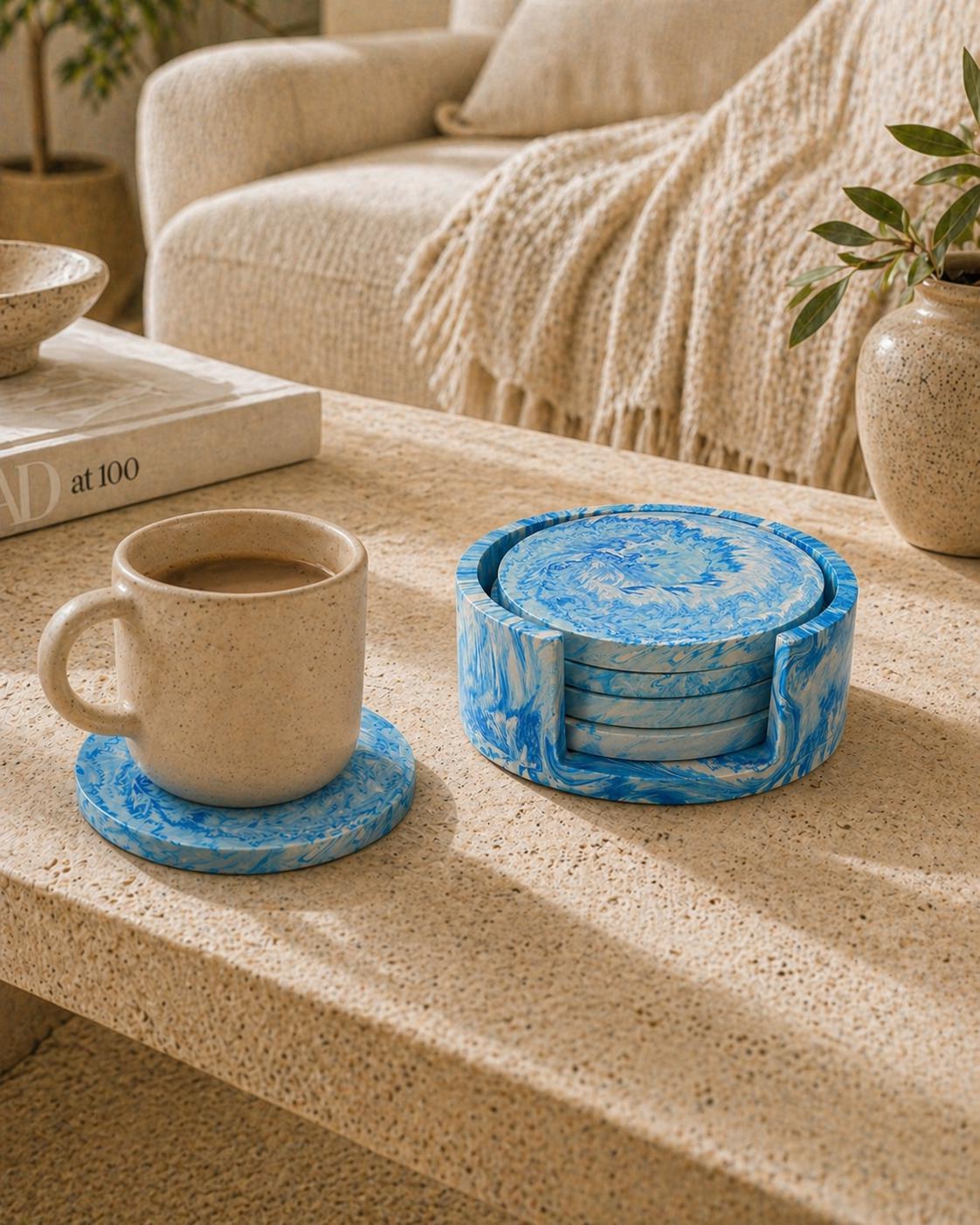 Coaster Set of 4 with Holder | Blue Serene Stone Marble Effect | Handmade Jesmonite Coasters for Modern & Housewarming Gift