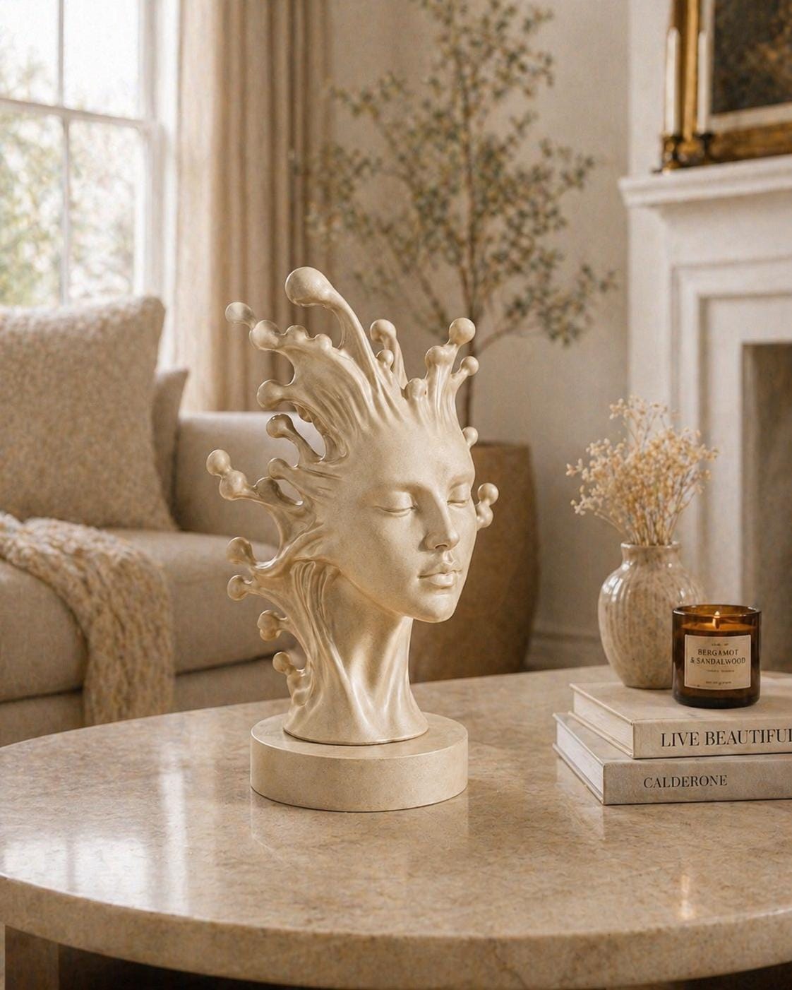 Goddess Head Statue | Sculptural Woman Bust Ornament | Neutral Bookshelf Decor | Artistic Home Decoration Gift