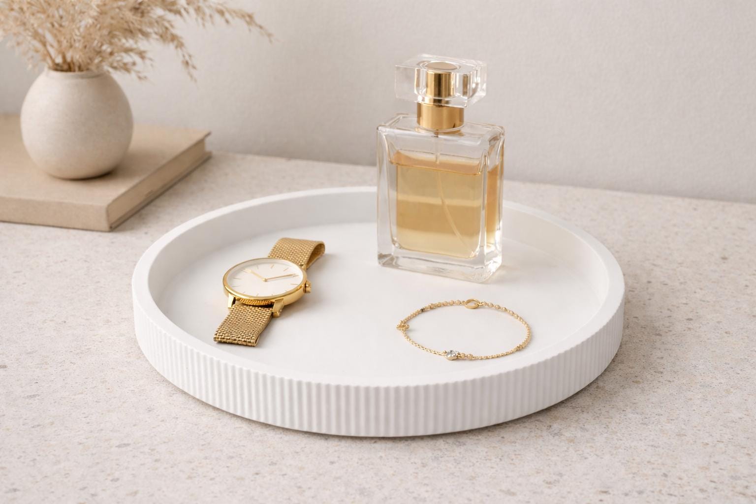 Minimalist Round Tray | Ribbed Catchall Tray | Modern Vanity Tray | Beige Home Decor | Jewellery Dish | Coffee Table Decor
