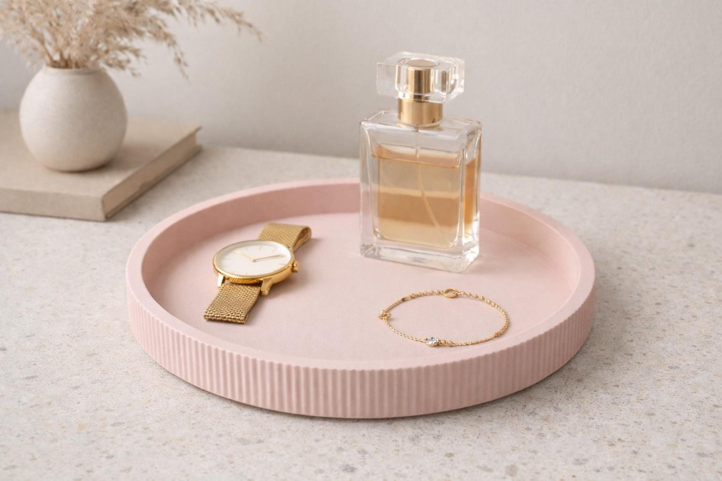 Minimalist Round Tray | Ribbed Catchall Tray | Modern Vanity Tray | Beige Home Decor | Jewellery Dish | Coffee Table Decor