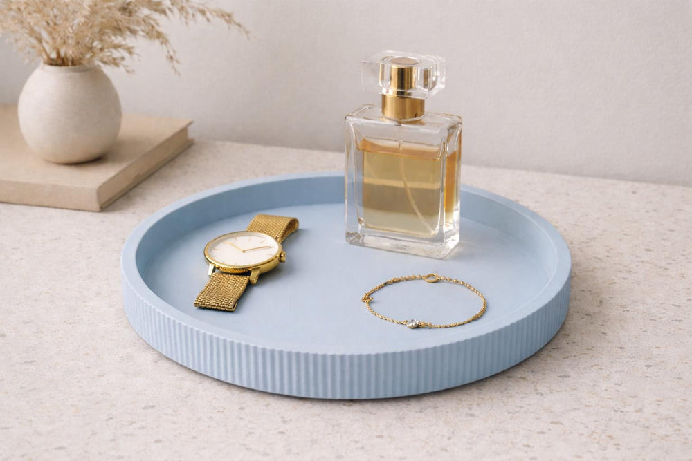Minimalist Round Tray | Ribbed Catchall Tray | Modern Vanity Tray | Beige Home Decor | Jewellery Dish | Coffee Table Decor