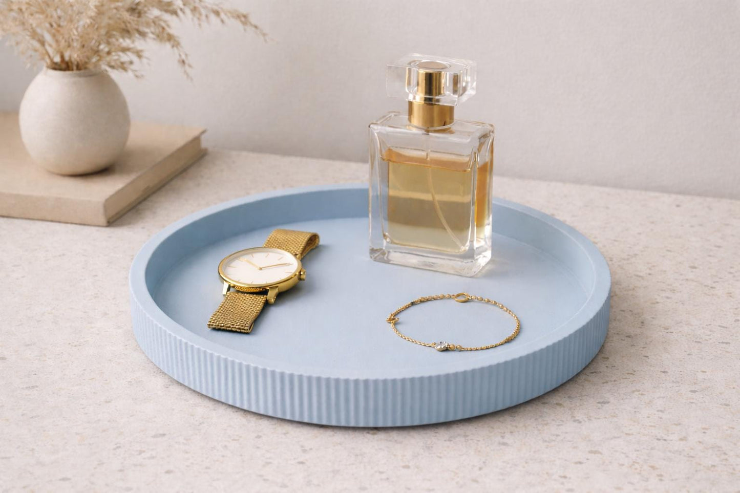 Minimalist Round Tray | Ribbed Catchall Tray | Modern Vanity Tray | Beige Home Decor | Jewellery Dish | Coffee Table Decor