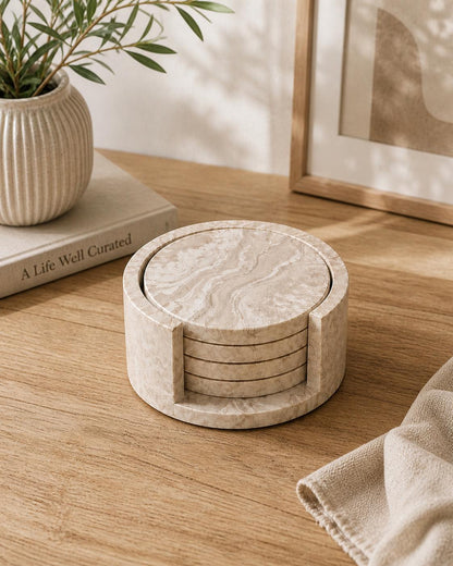 Marble Coaster Set of 4 | Round Drink Coasters with Holder | Handmade Jesmonite | Gifts