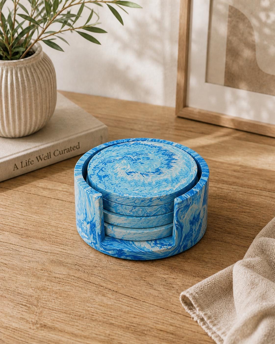 Marble Coaster Set of 4 | Round Drink Coasters with Holder | Handmade Jesmonite | Gifts
