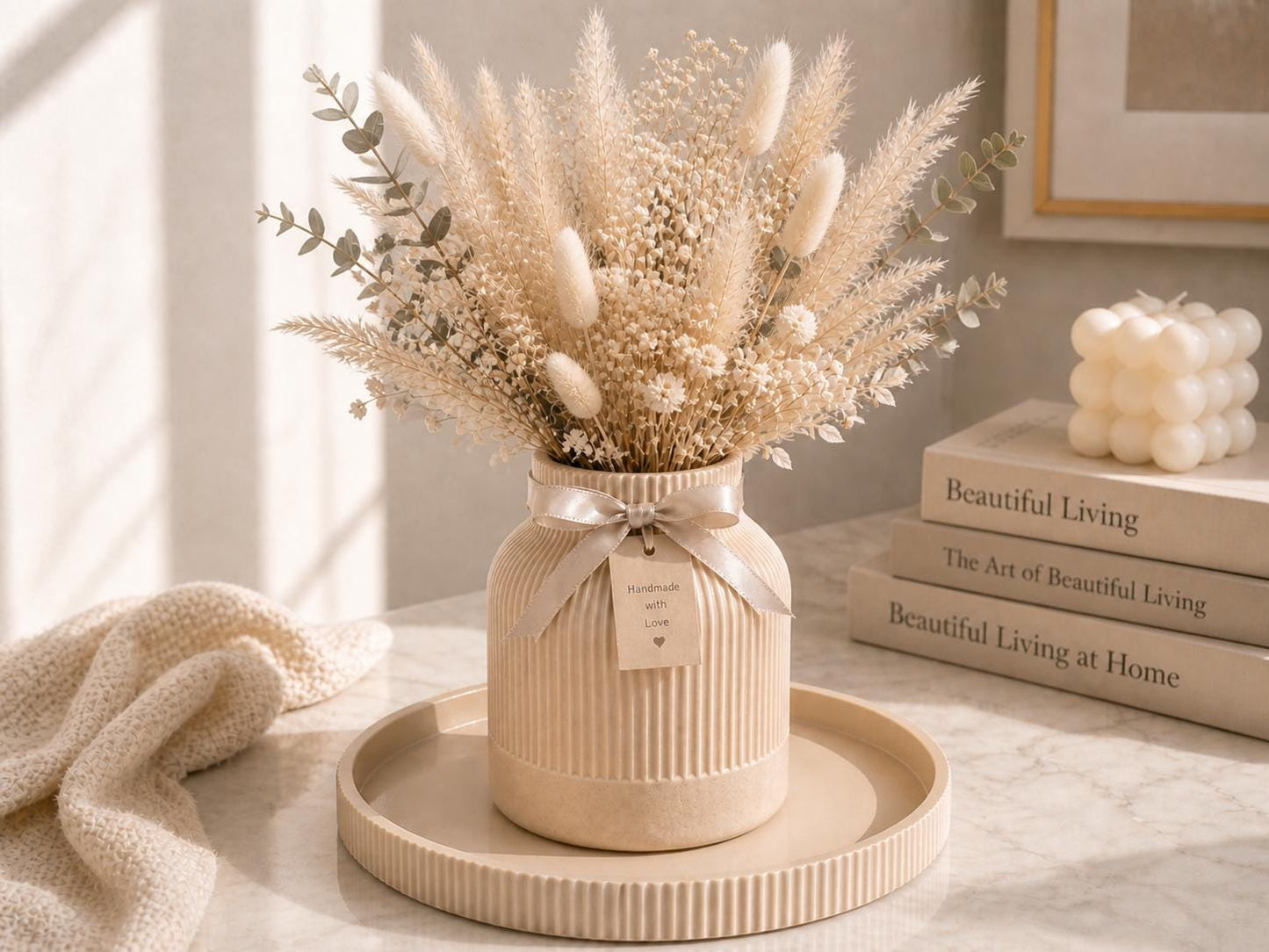 Ribbed Vases & Tray Set | Neutral Summer Flower Arrangement | Coffee Table Centrepiece | Minimalist Home Decor Gift