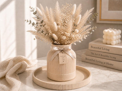 Ribbed Vases & Tray Set | Neutral Summer Flower Arrangement | Coffee Table Centrepiece | Minimalist Home Decor Gift