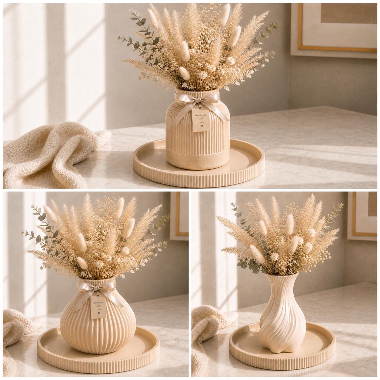 Ribbed Vases & Tray Set | Neutral Summer Flower Arrangement | Coffee Table Centrepiece | Minimalist Home Decor Gift
