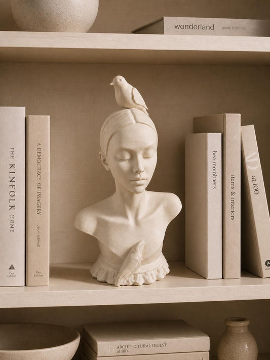 Boho Goddess Female Statue with Bird | Minimalist Woman Sculpture | Feminine and Neutral Home Accent