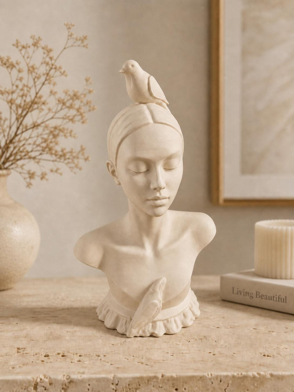 Boho Goddess Female Statue with Bird | Minimalist Woman Sculpture | Feminine and Neutral Home Accent
