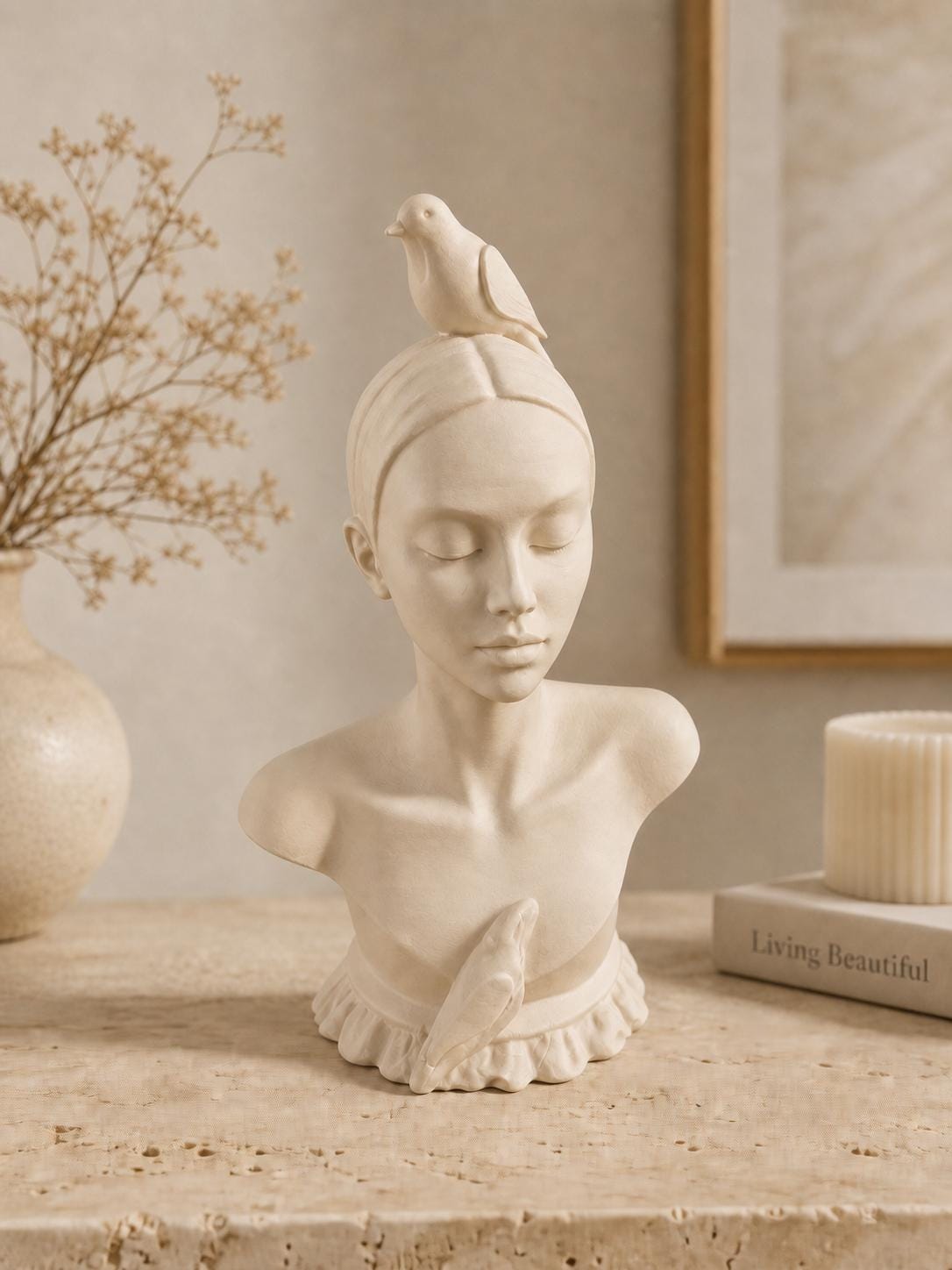 Boho Goddess Female Statue with Bird | Minimalist Woman Sculpture | Feminine and Neutral Home Accent
