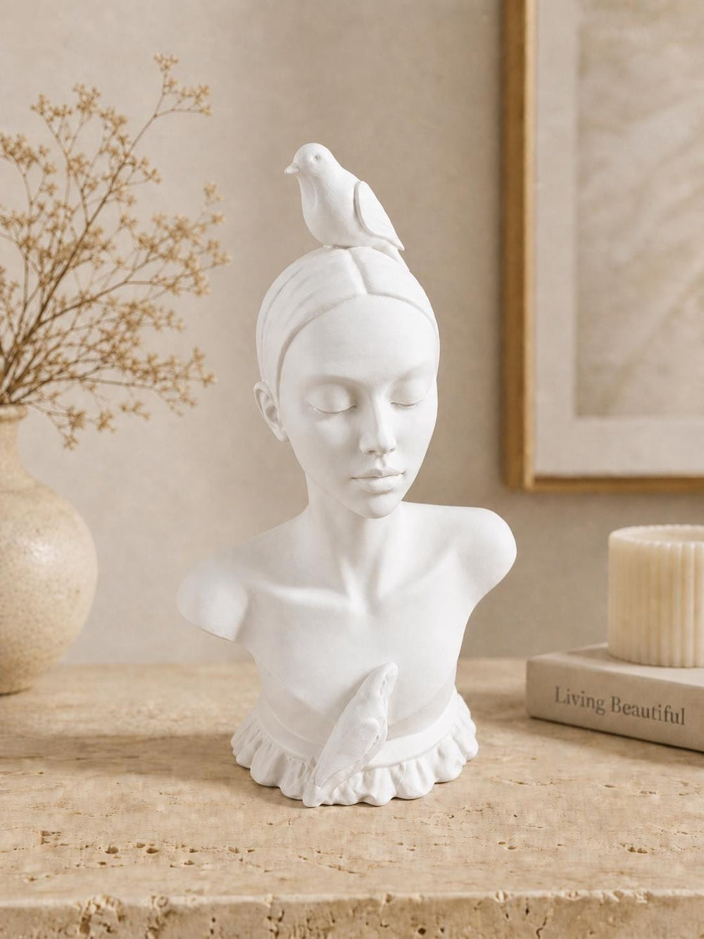 Boho Goddess Female Statue with Bird | Minimalist Woman Sculpture | Feminine and Neutral Home Accent