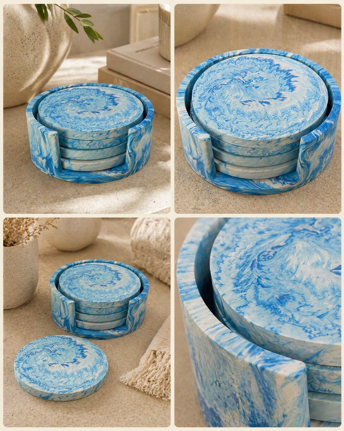 Coaster Set of 4 with Holder | Blue Serene Stone Marble Effect | Handmade Jesmonite Coasters for Modern & Housewarming Gift