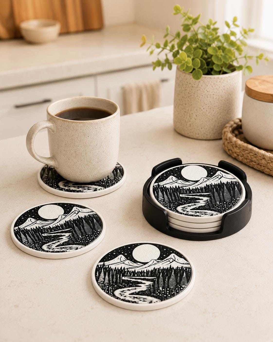 Round Coaster Set with Holder | Mountain Landscape Drink Coasters | Nature Home Decor Gift