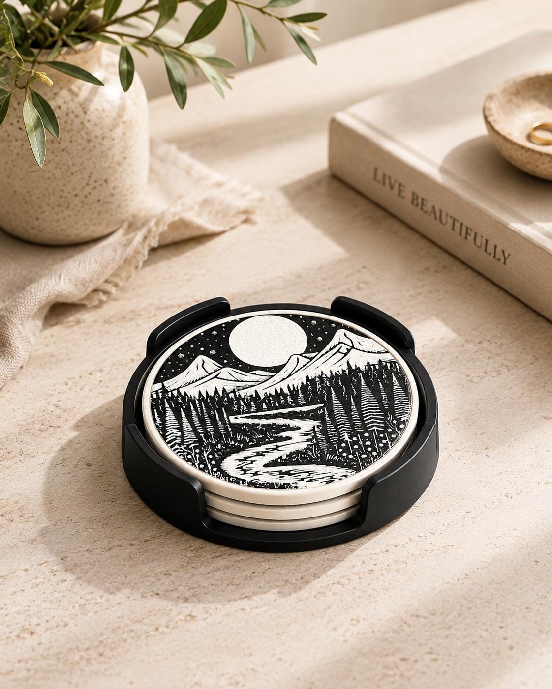 Round Coaster Set with Holder | Mountain Landscape Drink Coasters | Nature Home Decor Gift