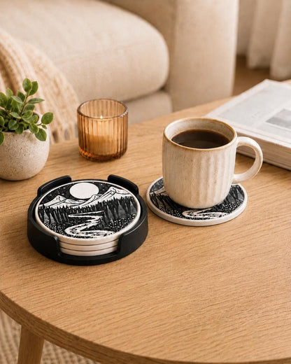 Round Coaster Set with Holder | Mountain Landscape Drink Coasters | Nature Home Decor Gift