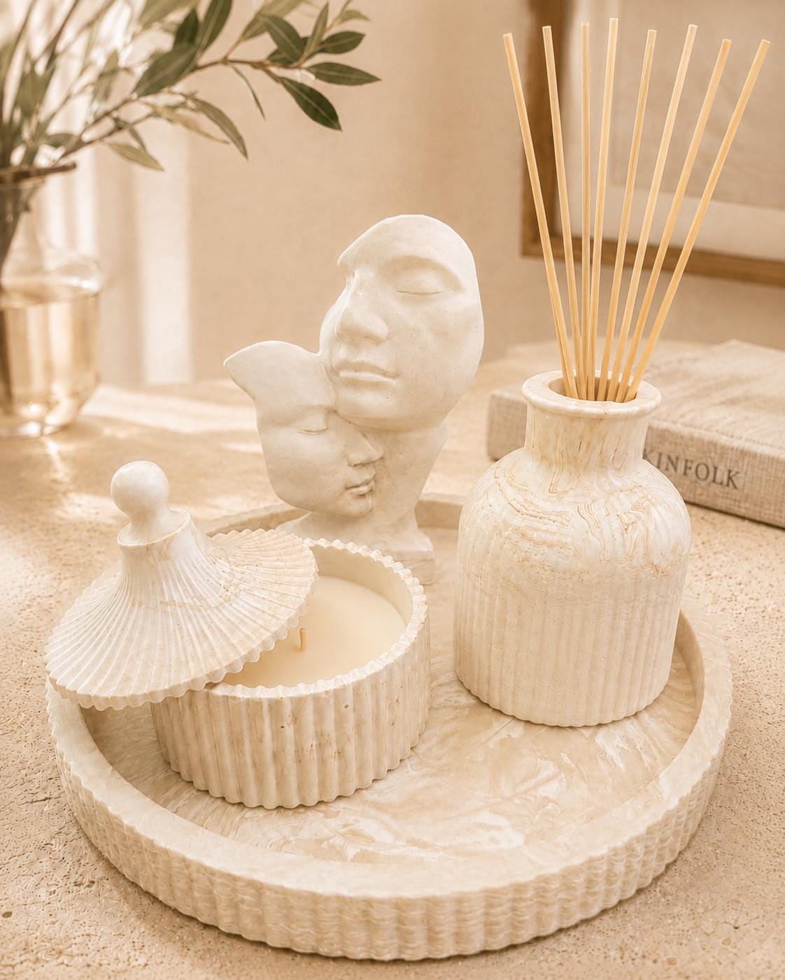 Beige Marble Jesmonite Set | Tray, Reed Diffuser, Candle & Abstract Statue | Minimalist Home Decor | Handmade
