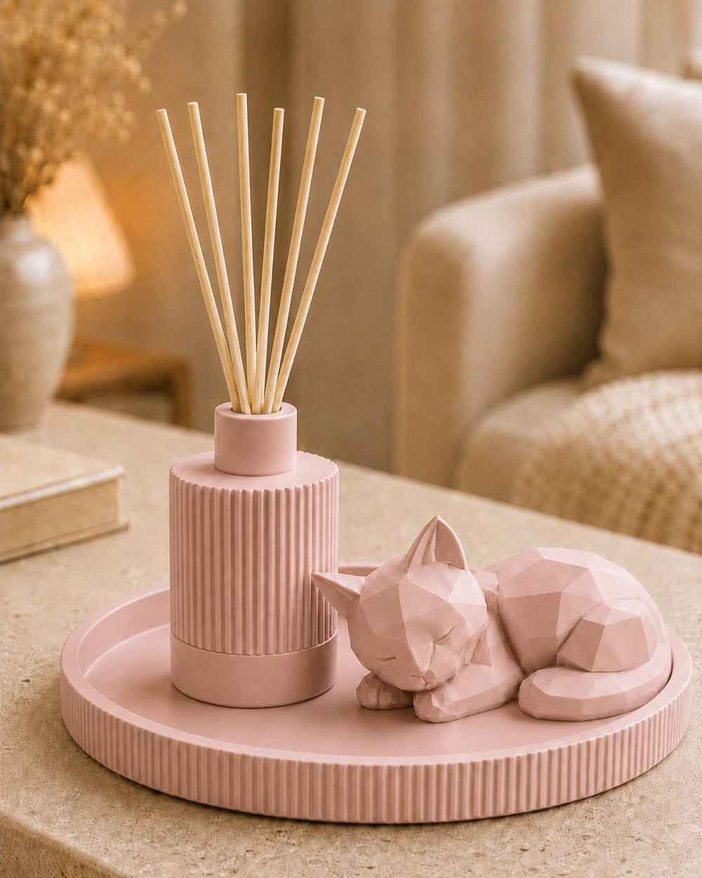 Gift Set Home Decor | Round Decorative Tray, Reed Diffuser & Sleeping Cat Statue | Coffee Table and Gifts