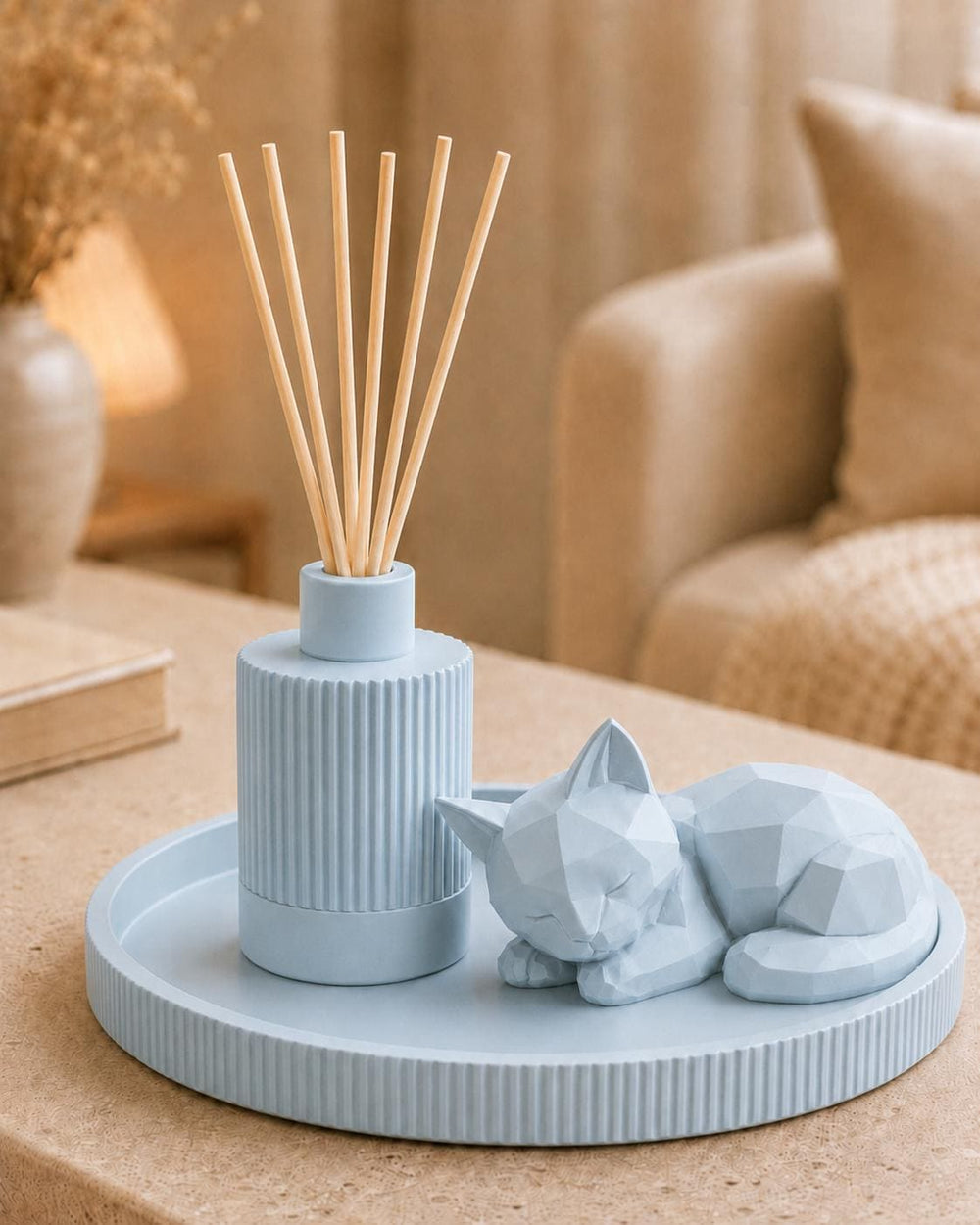 Gift Set Home Decor | Round Decorative Tray, Reed Diffuser & Sleeping Cat Statue | Coffee Table and Gifts