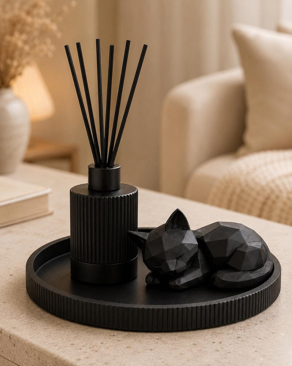 Gift Set Home Decor | Round Decorative Tray, Reed Diffuser & Sleeping Cat Statue | Coffee Table and Gifts